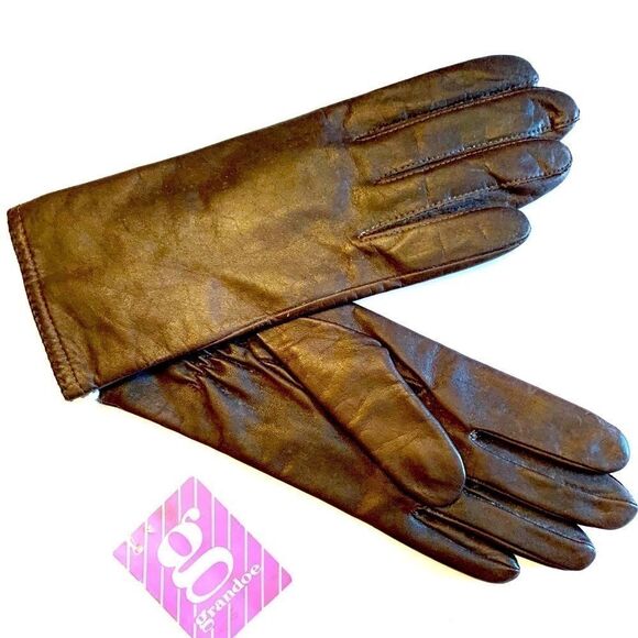 BROWN LEATHER GLOVES by GRANDOE SIZE-6.5 - Picture 1 of 5